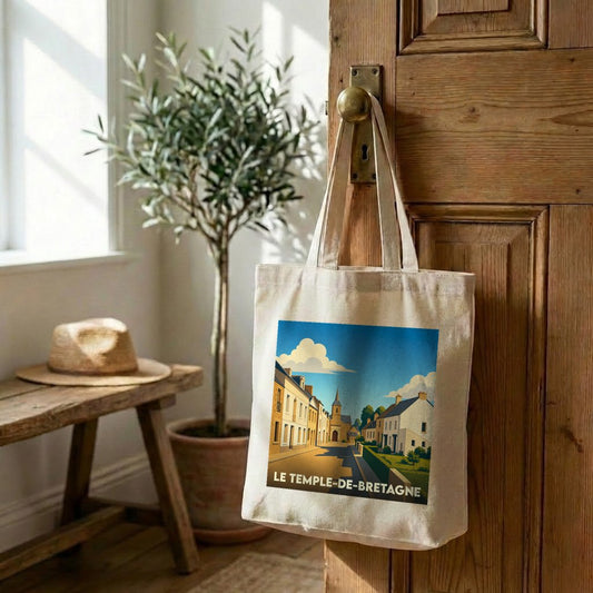 Tote bag souvenir de la ville de Le Temple-de-Bretagne avec une illustration stylisée.