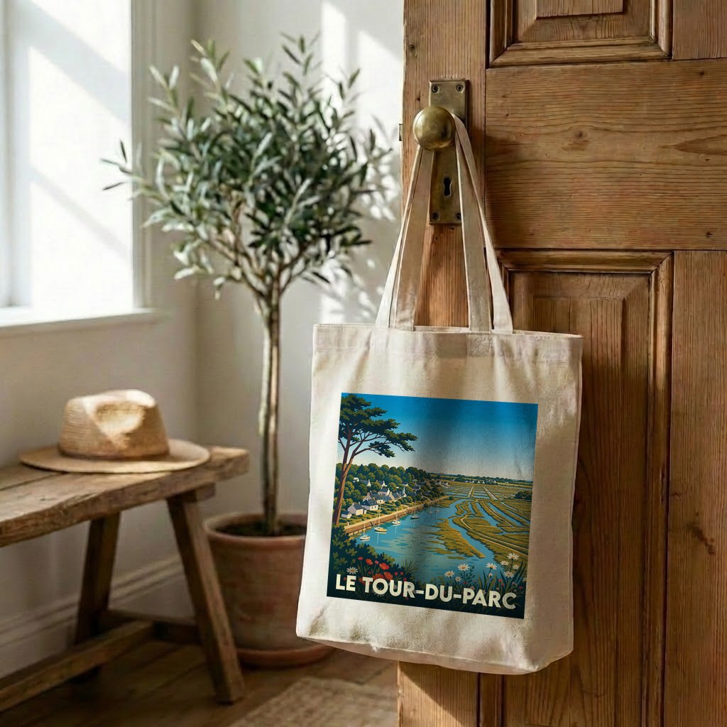Tote bag souvenir de la ville de Le Tour-du-Parc avec une illustration stylisée.