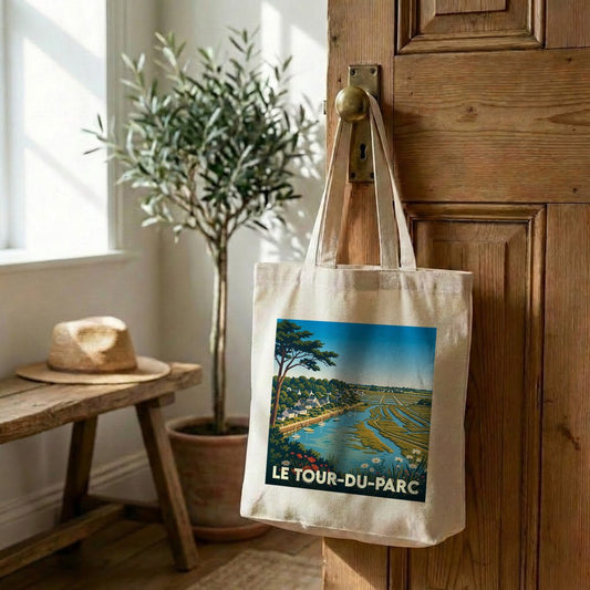 Tote bag souvenir de la ville de Le Tour-du-Parc avec une illustration stylisée.
