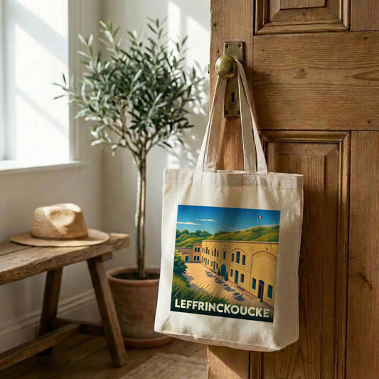 Tote bag souvenir de la ville de Leffrinckoucke avec une illustration stylisée.