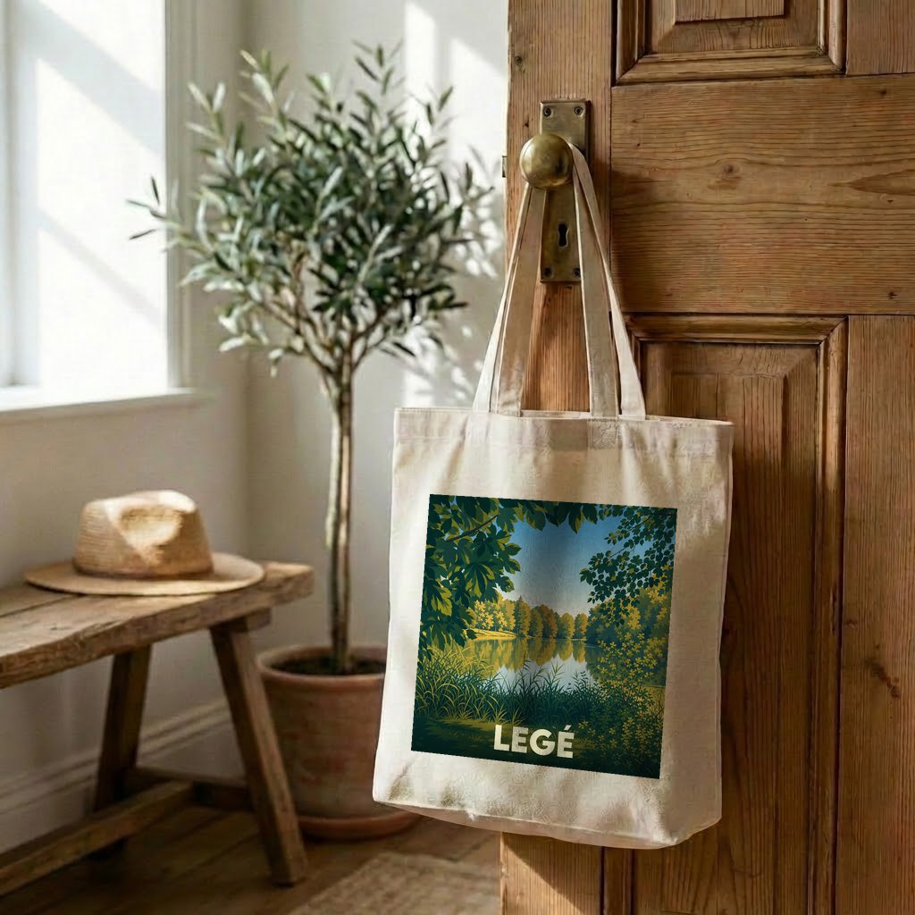 Tote bag souvenir de la ville de Legé avec une illustration de paysage arboré au bord de l'eau.