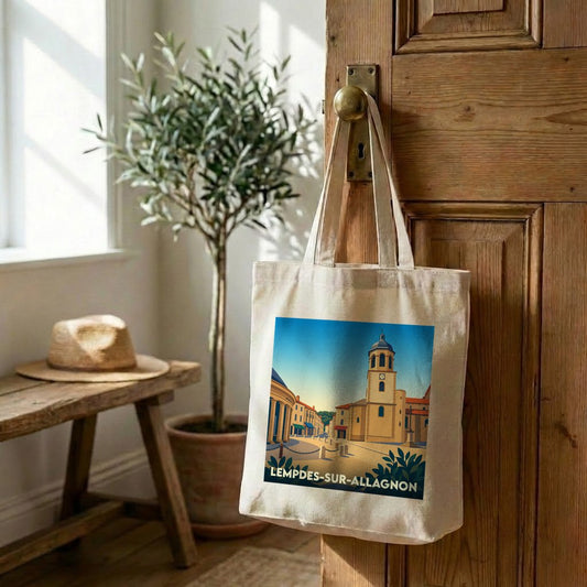 Tote bag souvenir de la ville de Lempdes-sur-Allagnon avec une illustration stylisée.