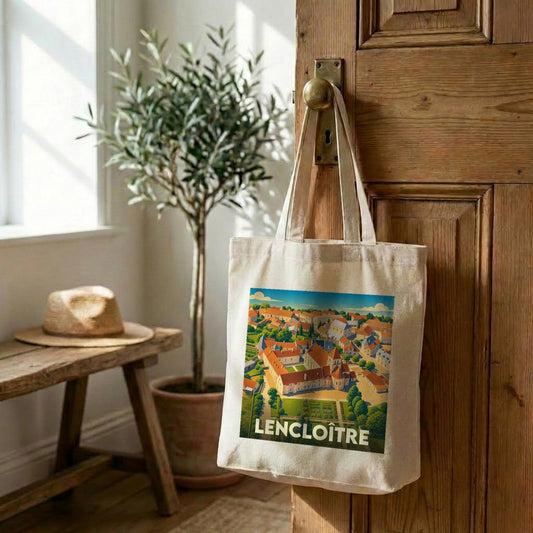 Tote bag souvenir de la ville de Lencloître avec une illustration stylisée.