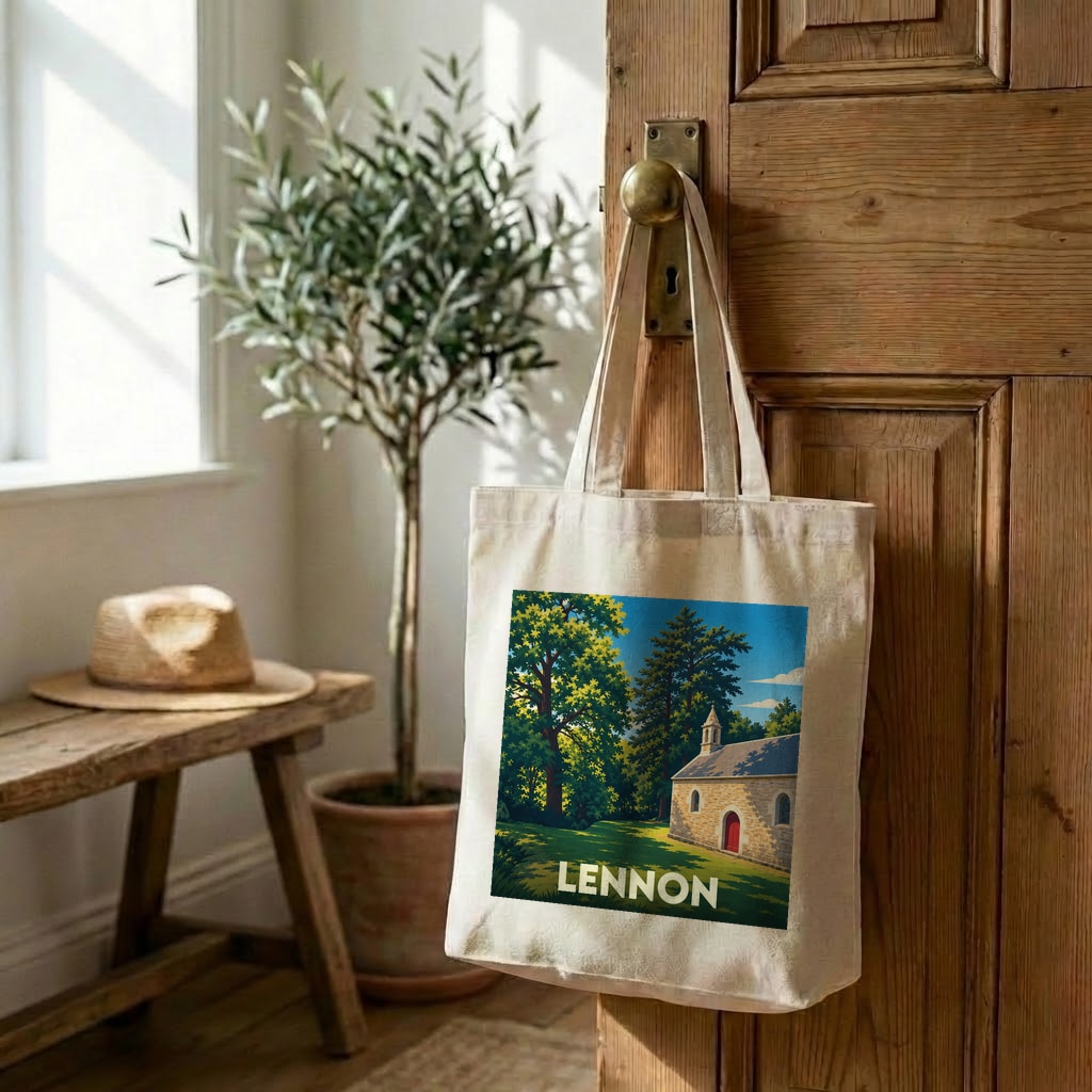 Tote bag souvenir de la ville de Lennon avec une illustration stylisée.