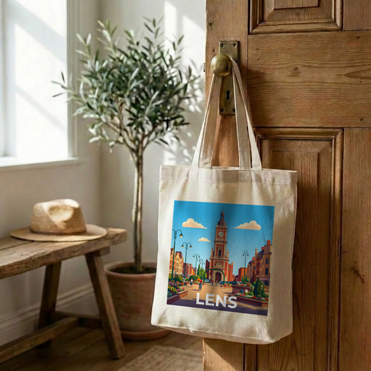 Tote bag souvenir de la ville de Lens avec une illustration stylisée.