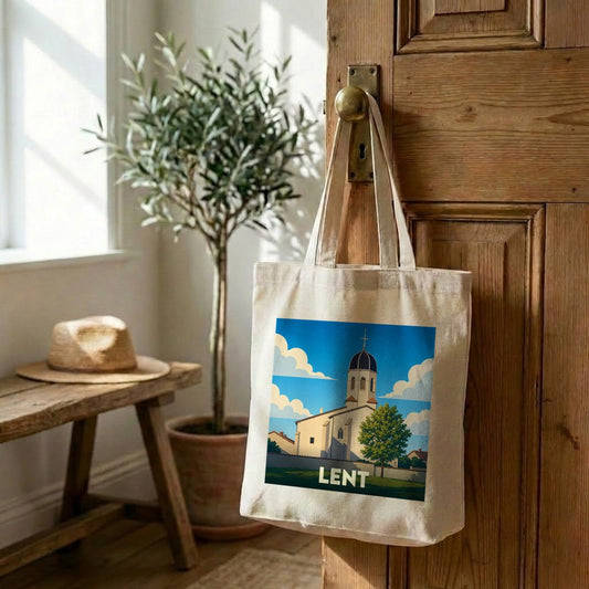 Tote bag souvenir de la ville de Lent illustré d'une église sous un ciel bleu.