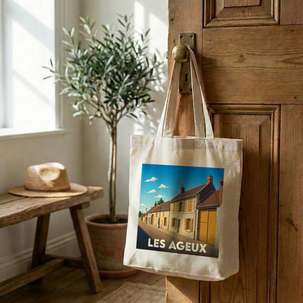 Tote bag souvenir de la ville de Les Ageux avec une illustration stylisée.
