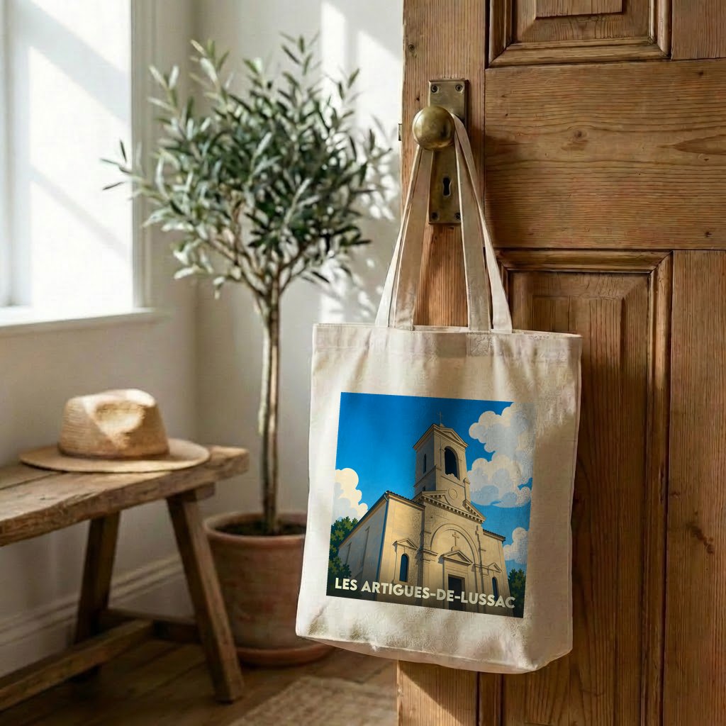 Tote bag souvenir de la ville de Les Artigues-de-Lussac avec une illustration stylisée de son église.