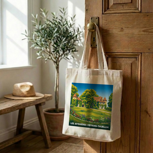 Tote bag souvenir de la ville de Les Avenières Veyrins-Thuellin avec une illustration stylisée.