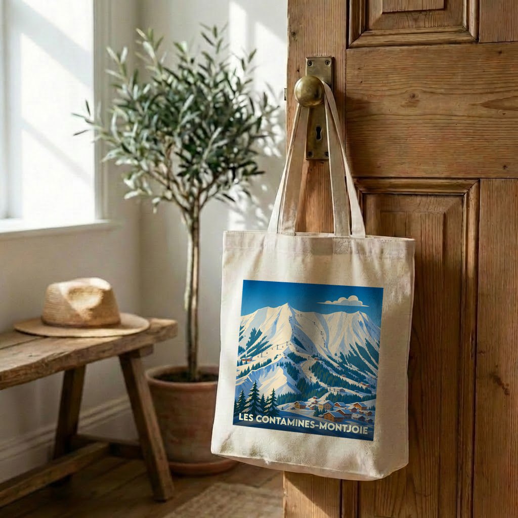 Tote bag souvenir de la ville de Les Contamines-Montjoie avec une illustration de montagne enneigée.