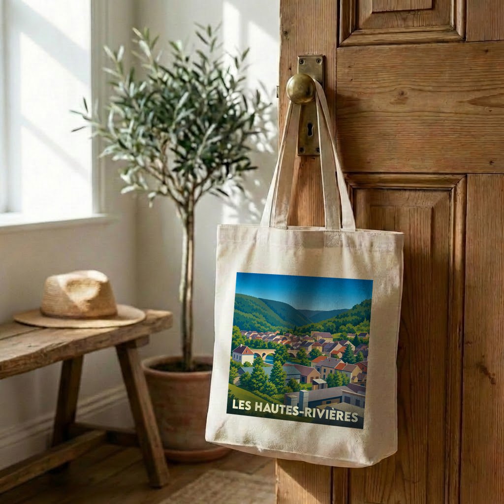 Tote bag souvenir de la ville de Les Hautes-Rivières avec une illustration de paysage coloré.