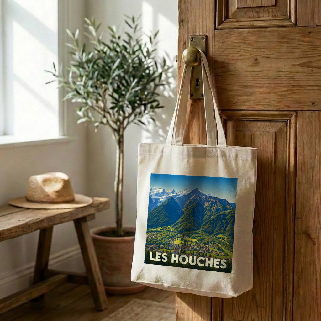 Tote bag souvenir de la ville de Les Houches avec une illustration de paysages montagneux.