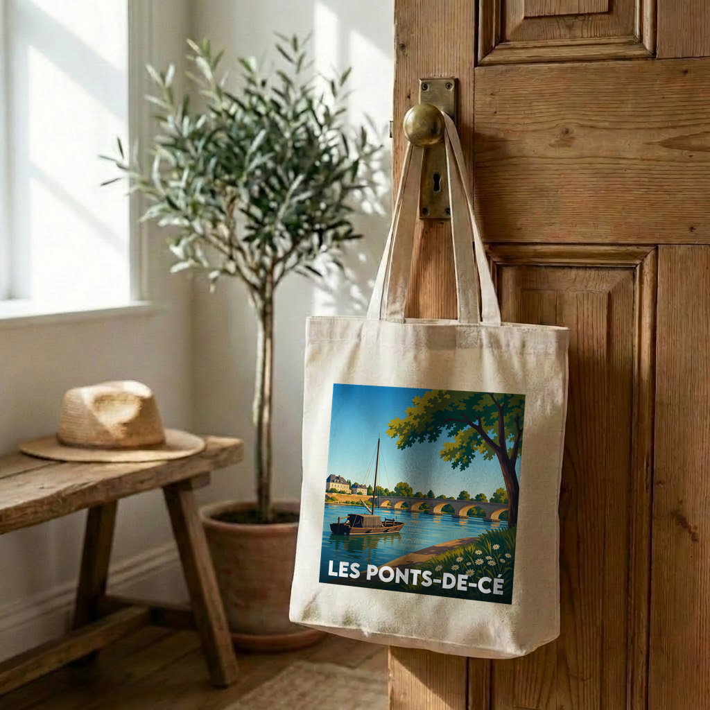 Tote bag souvenir de la ville de Les Ponts-de-Cé avec une illustration stylisée.