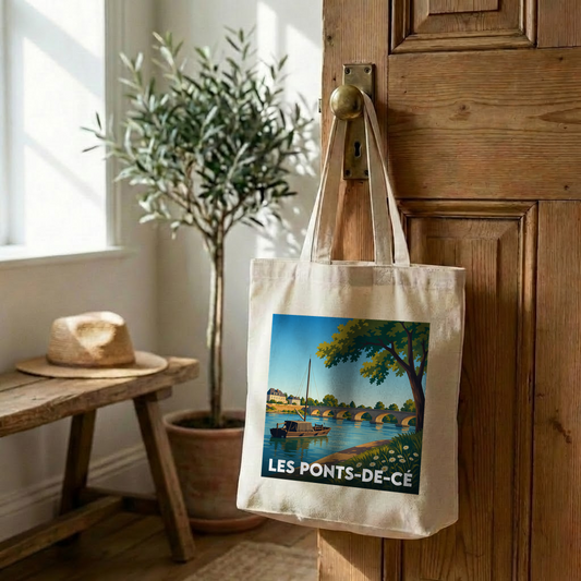 Tote bag souvenir de la ville de Les Ponts-de-Cé avec une illustration stylisée.