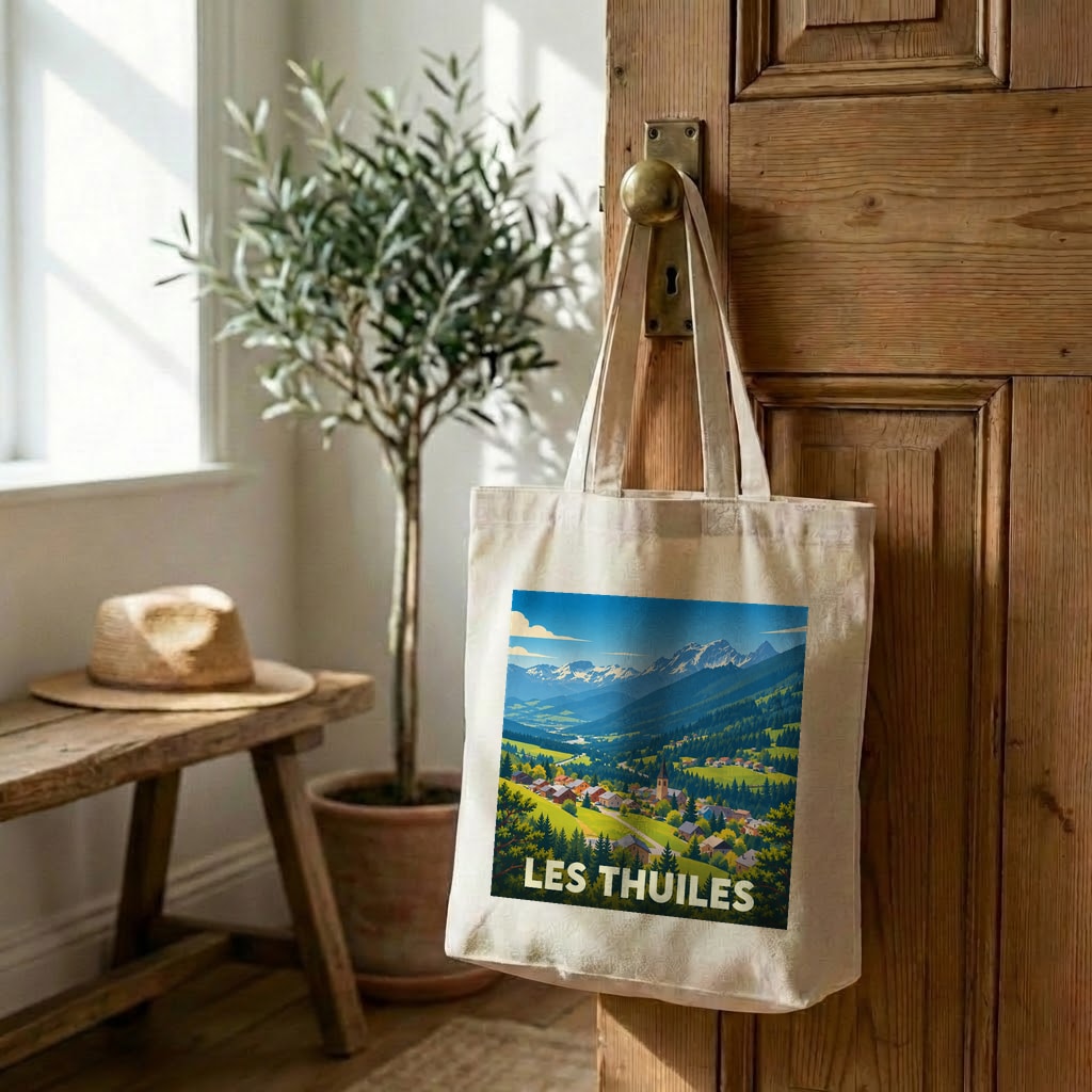 Tote bag souvenir de la ville de Les Thuiles avec une illustration de paysage montagneux.