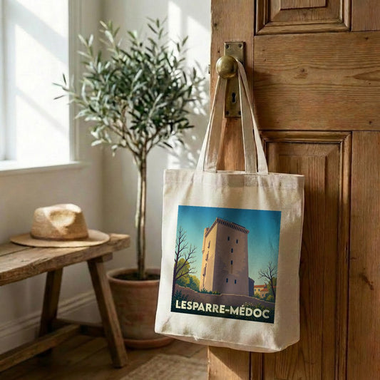 Tote bag souvenir de la ville de Lesparre-Médoc avec une illustration stylisée de sa tour historique.