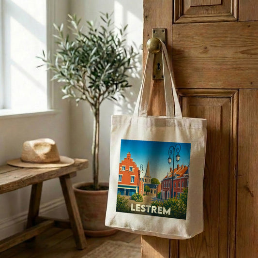 Tote bag souvenir de la ville de Lestrem avec une illustration stylisée.