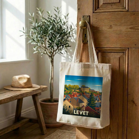 Tote bag souvenir de la ville de Levet avec une illustration stylisée.