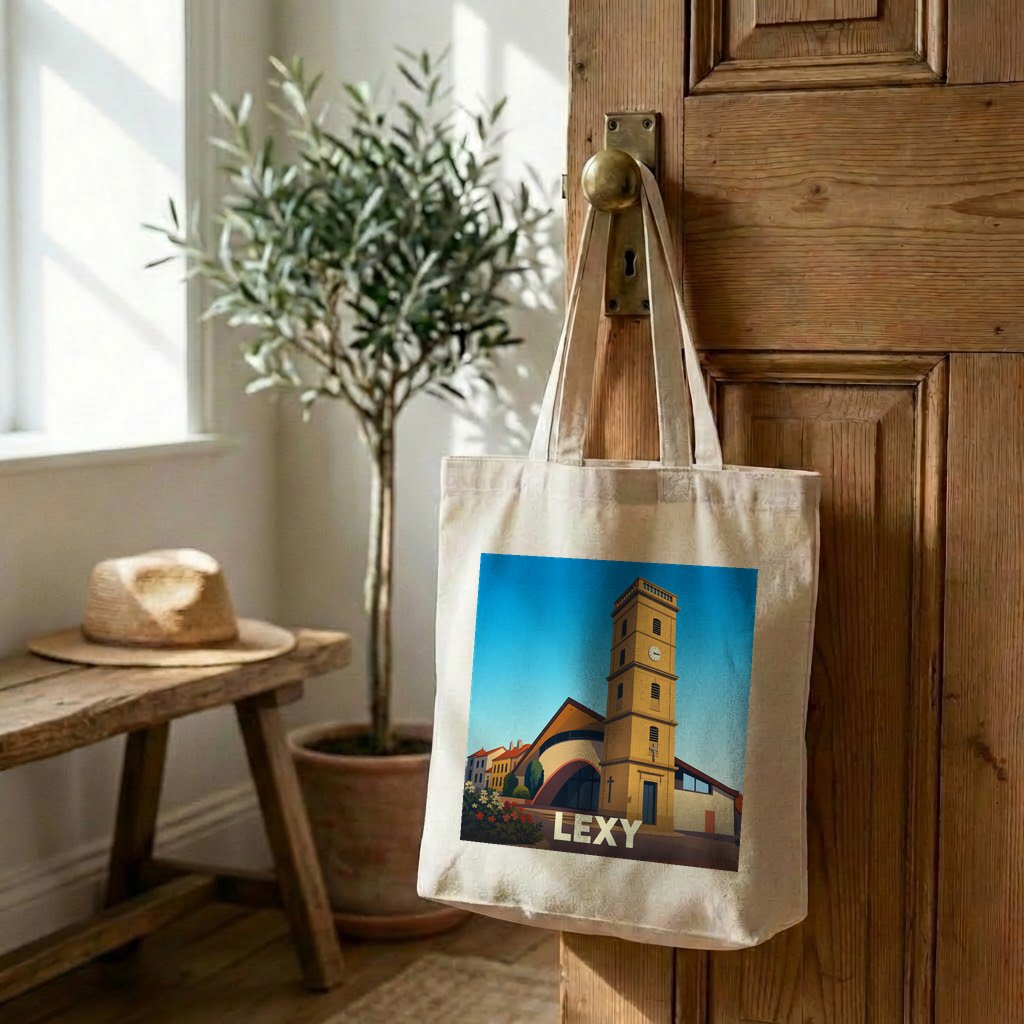 Tote bag souvenir de la ville de Lexy avec une illustration stylisée de son église.