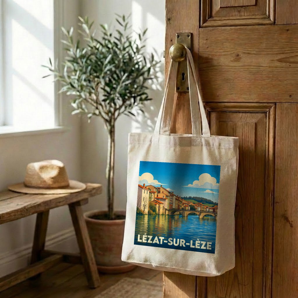 Tote bag souvenir de la ville de Lézat-sur-Lèze avec une illustration stylisée d'un pont et de maisons au bord de l'eau.
