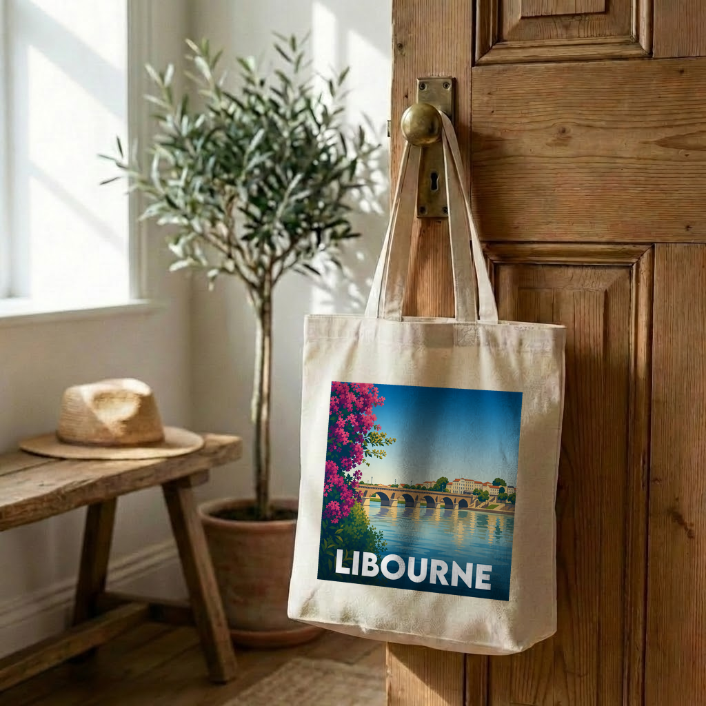 Tote bag souvenir de la ville de Libourne avec une illustration stylisée de son pont.