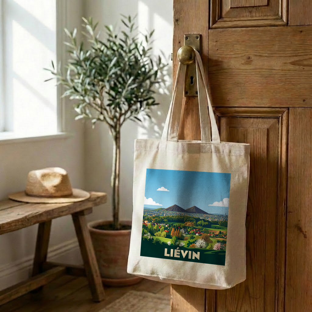 Tote bag souvenir de la ville de Liévin avec une illustration stylisée.