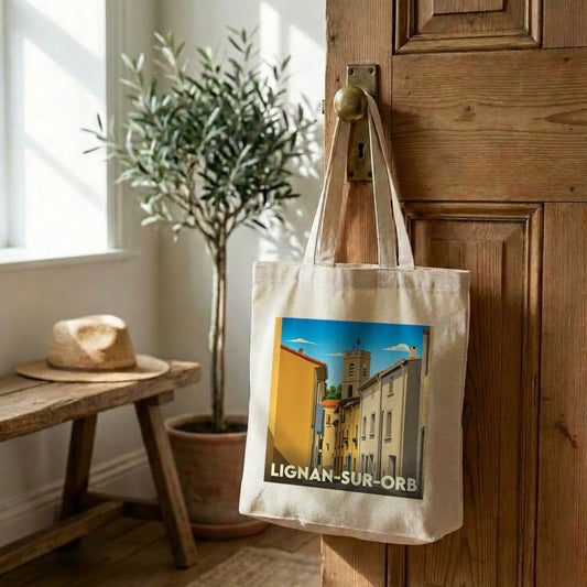 Tote bag souvenir de la ville de Lignan-sur-Orb avec une illustration stylisée.
