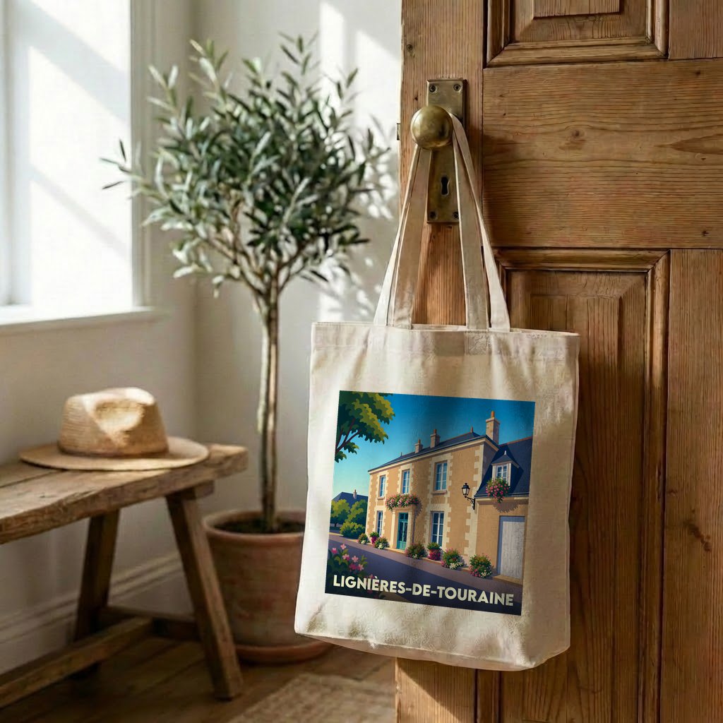Tote bag souvenir de la ville de Lignières-de-Touraine avec une illustration stylisée d'une maison tourangelle fleurie.