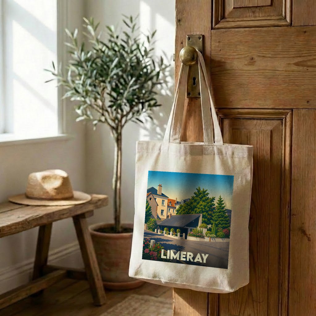 Sac cabas en toile souvenir de la ville de Limeray avec une illustration paysagère stylisée.