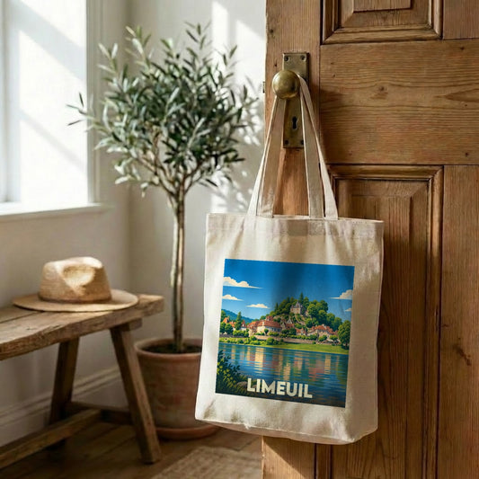 Tote bag souvenir de la ville de Limeuil avec une illustration stylisée d'un paysage fluvial.