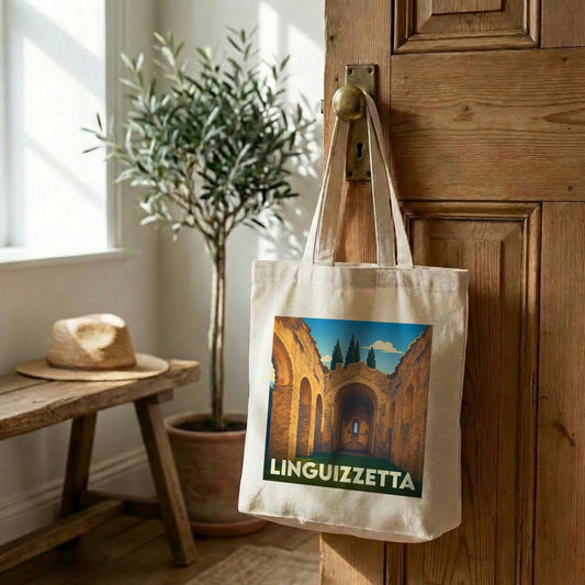 Tote bag souvenir de la ville de Linguizzetta illustré d'une scène architecturale stylisée.