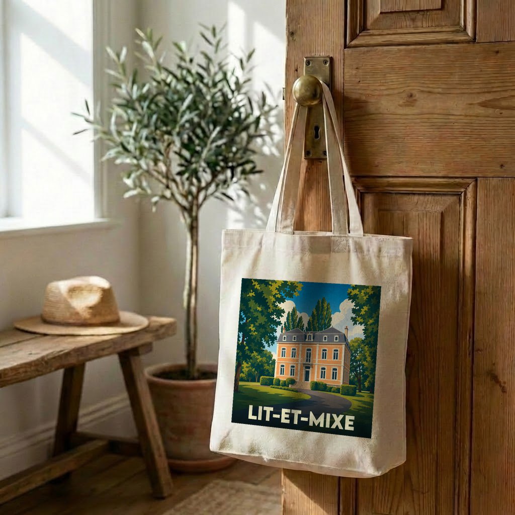 Tote bag souvenir de la ville de Lit-et-Mixe avec une illustration stylisée d'une bâtisse landaise.