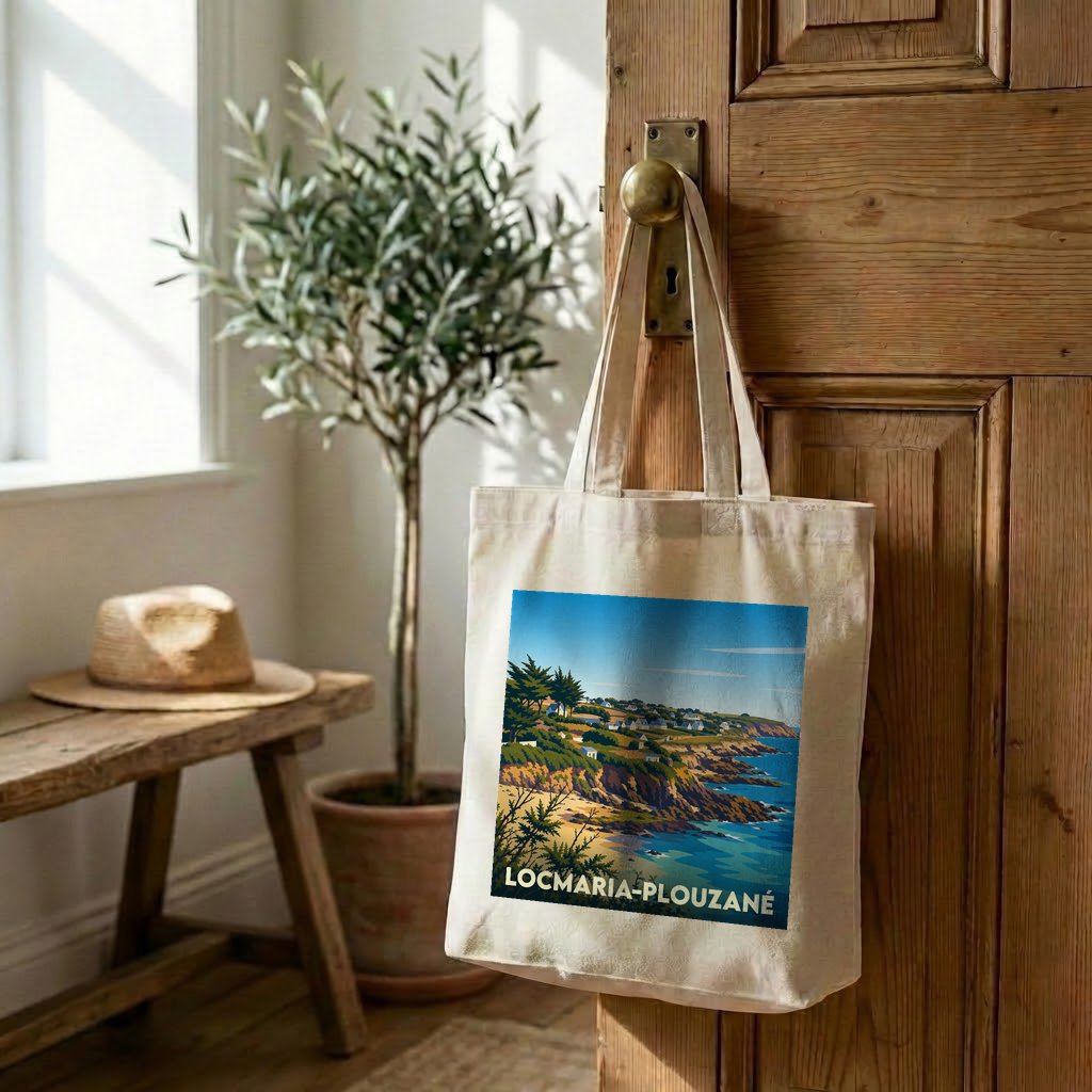 Tote bag souvenir de la ville de Locmaria-Plouzané avec une illustration stylisée du littoral.