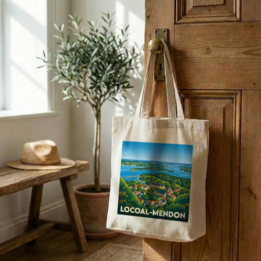 Tote bag souvenir de la ville de Locoal-Mendon avec une illustration stylisée.
