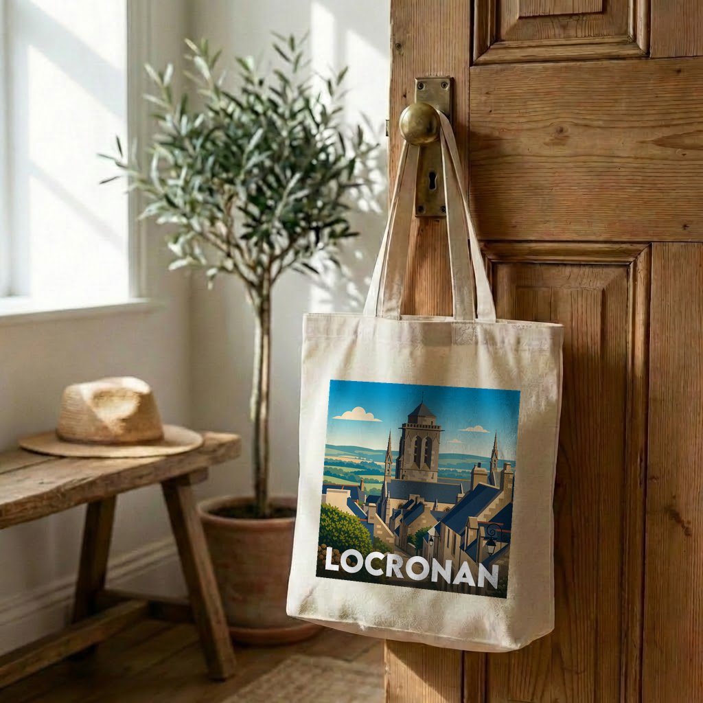 Tote bag souvenir de la ville de Locronan avec une illustration stylisée.