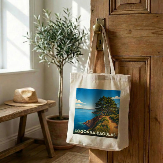 Tote bag souvenir de la ville de Logonna-Daoulas avec une illustration stylisée de son littoral.
