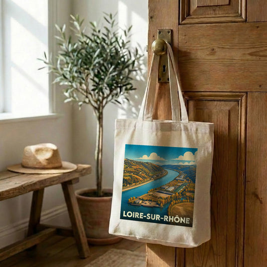 Tote bag souvenir de la ville de Loire-sur-Rhône avec une illustration stylisée d'un paysage fluvial.