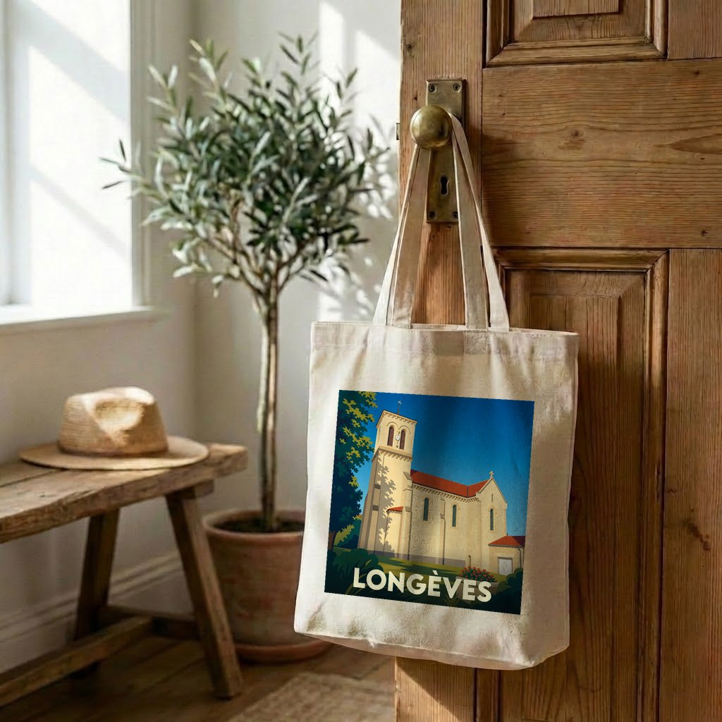 Tote bag souvenir de la ville de Longèves avec une illustration stylisée de son église.