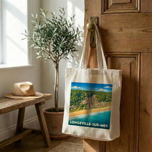 Tote bag souvenir de la ville de Longeville-sur-Mer avec une illustration stylisée.