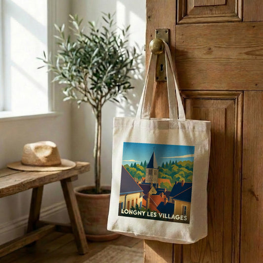 Tote bag souvenir de la ville de Longny les Villages avec une illustration stylisée.