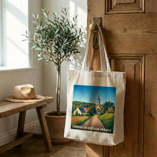 Tote bag souvenir de la ville de Lorrez-le-Bocage-Préaux avec une illustration stylisée.