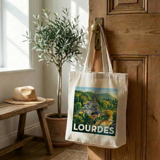 Tote bag souvenir de la ville de Lourdes avec une illustration stylisée.