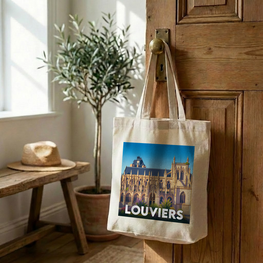 Tote bag souvenir de la ville de Louviers avec une illustration stylisée de son église.