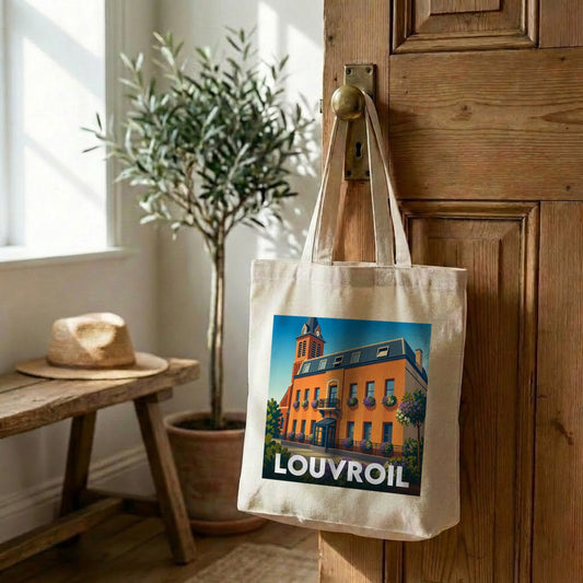 Tote bag souvenir de la ville de Louvroil avec une illustration stylisée.