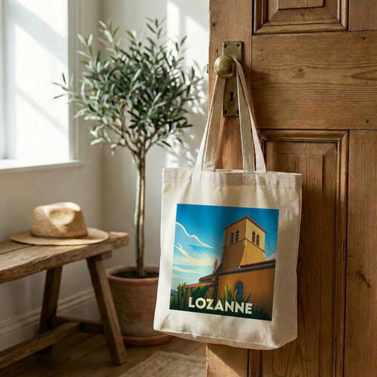 Tote bag souvenir de la ville de Lozanne avec une illustration stylisée.