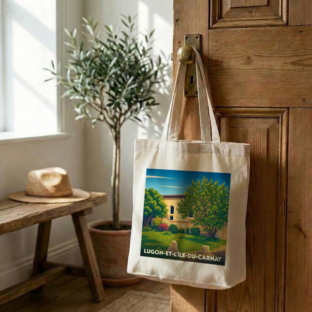 Tote bag souvenir de la ville de Lugon-et-l'Île-du-Carnay avec une illustration stylisée.