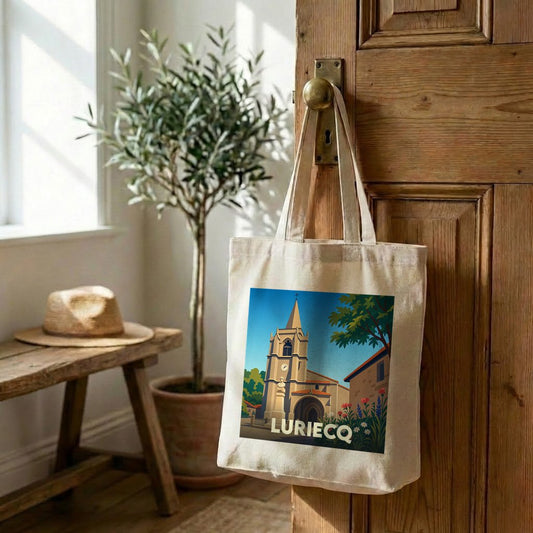 Tote bag souvenir de la ville de Luriecq avec une illustration stylisée d'une église.