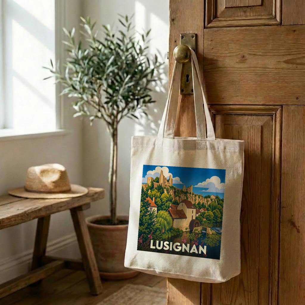 Tote bag souvenir de la ville de Lusignan avec une illustration stylisée d'un paysage historique.