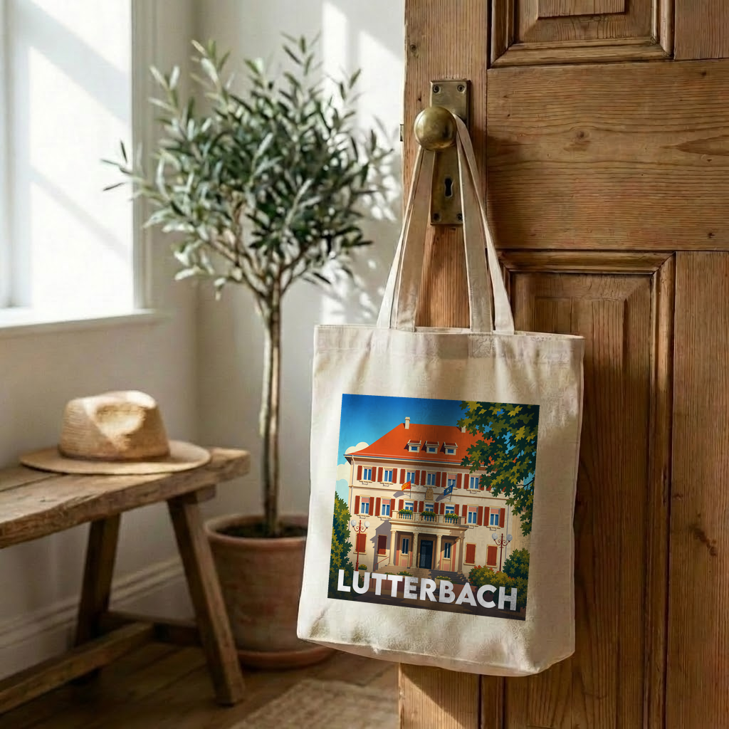 Tote bag souvenir de la ville de Lutterbach avec une illustration stylisée de son hôtel de ville.
