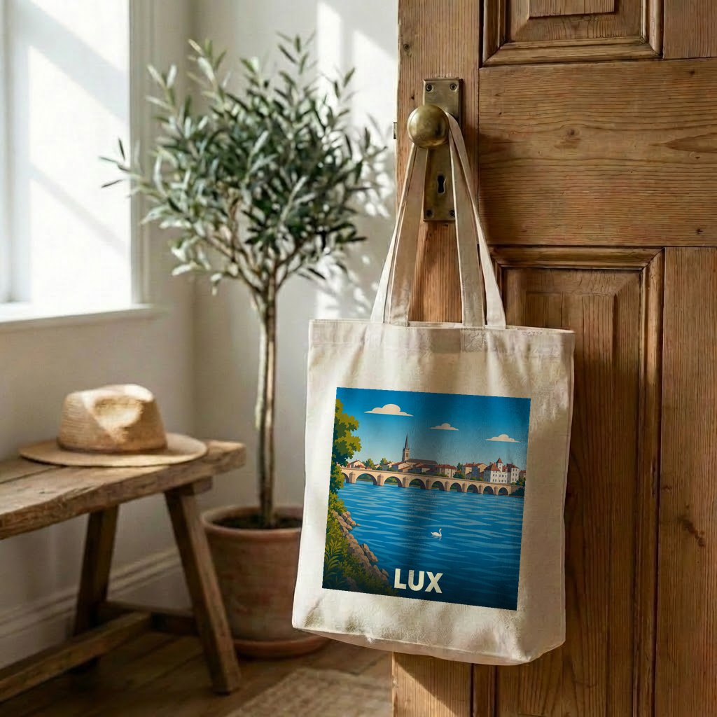 Tote bag souvenir de la ville de Lux orné d'une illustration stylisée de son pont et de son fleuve.